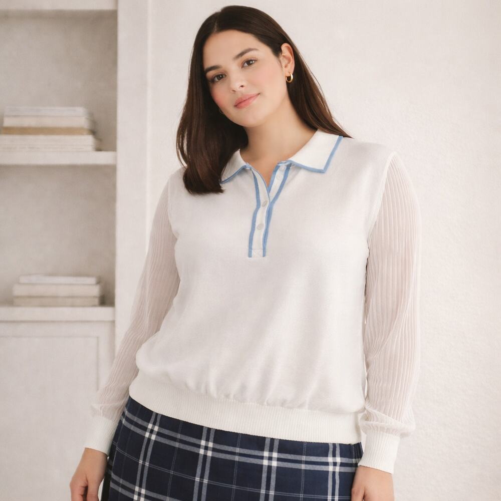 Sioni Polo Sweater Sz L Preppy Coquette Clean Girl Sheer Nautical  Romantic